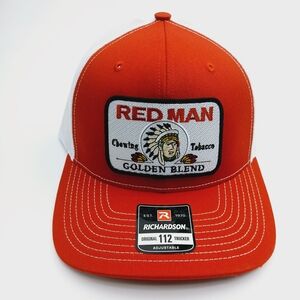 Red and White Richardson 112 With Red Man Patch Mesh Snapback Trucker Hat